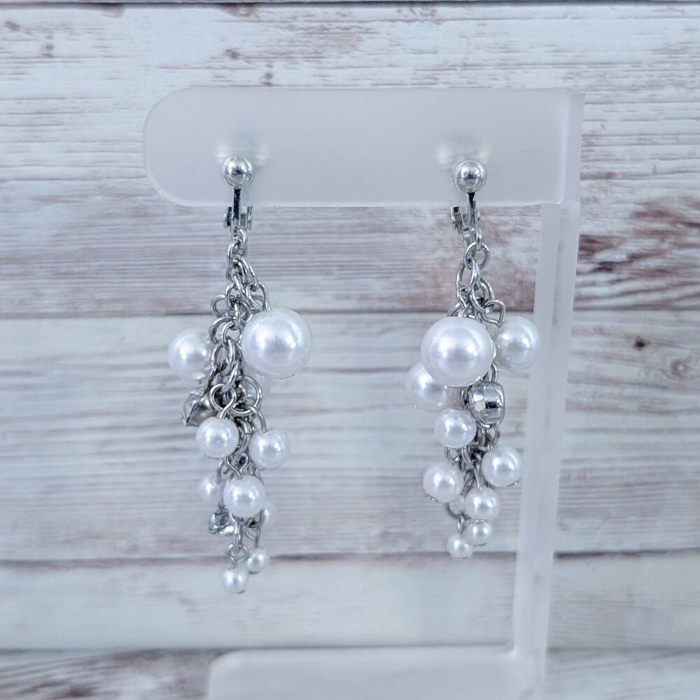 Vintage Clip On Earrings Faux Pearl, Clear Gem, Silver Tone Dangle